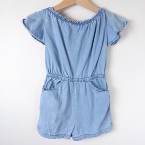 Cat & Jack Romper Girls 4T Blue Chambray Bow Back Flutter Sleeve Shortie